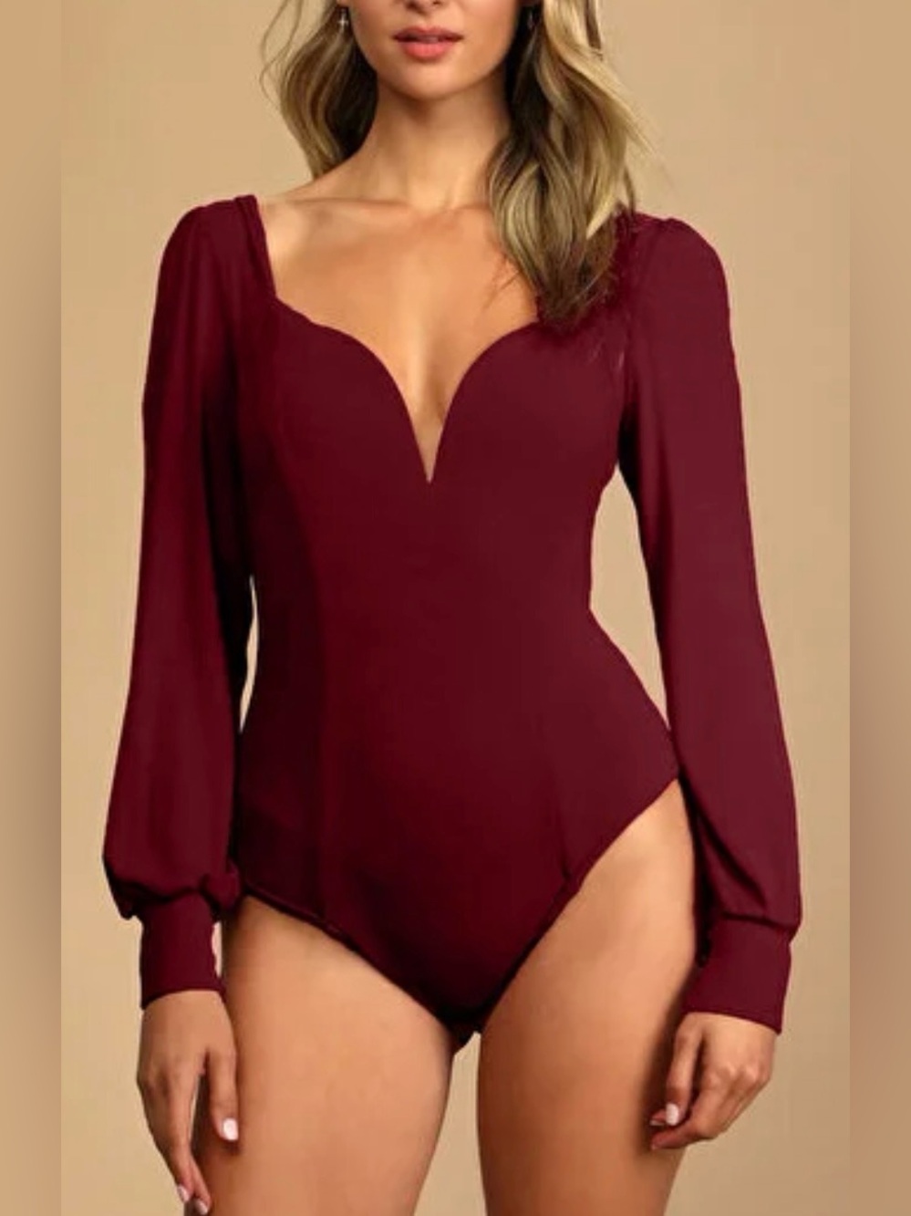 Lulus - NWT Flirt For Fun Wine Red Long Sleeve Ribbed Bodysuit Size Small